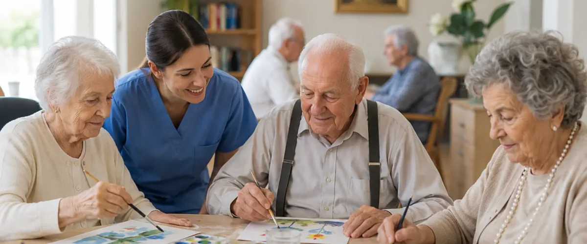 **Alt Text:** An elderly group participating in creative painting activities with a caregiver in a warm and welcoming Italian nursing home, promoting social interaction and quality of life for seniors.