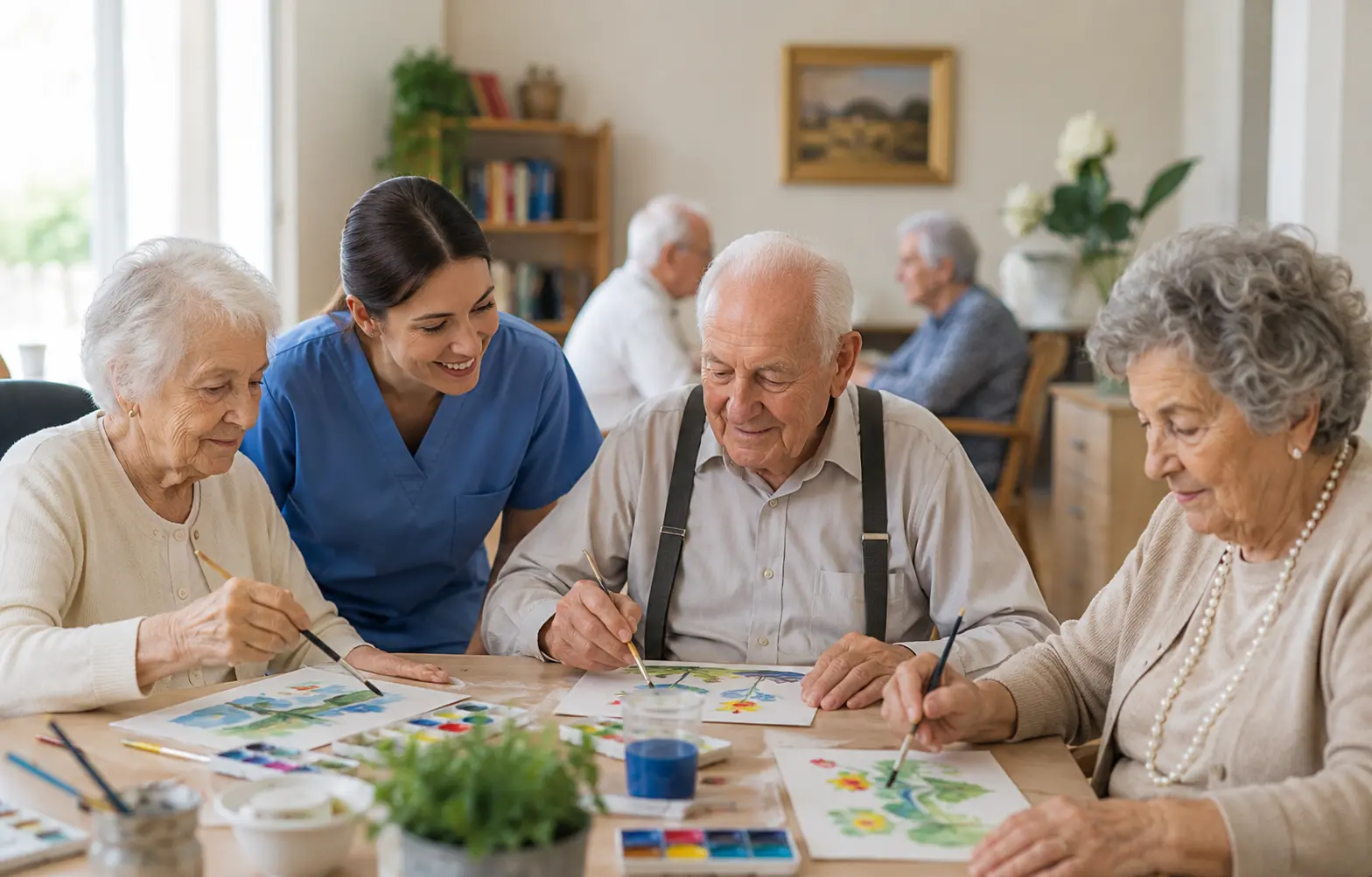 **Alt Text:** An elderly group participating in creative painting activities with a caregiver in a warm and welcoming Italian nursing home, promoting social interaction and quality of life for seniors.