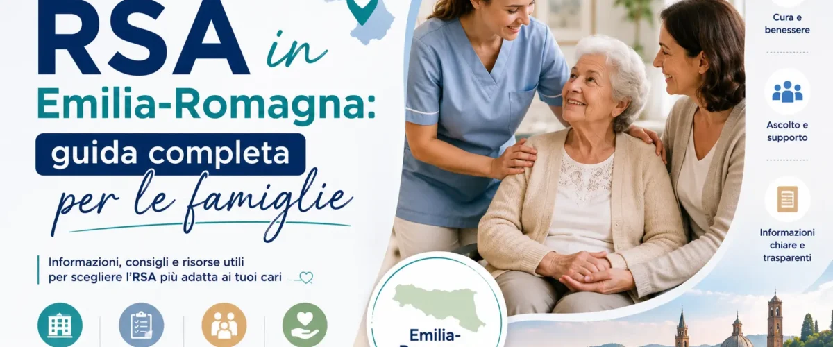 Famiglia e infermiera in una RSA in Emilia-Romagna durante un momento di supporto e assistenza agli anziani