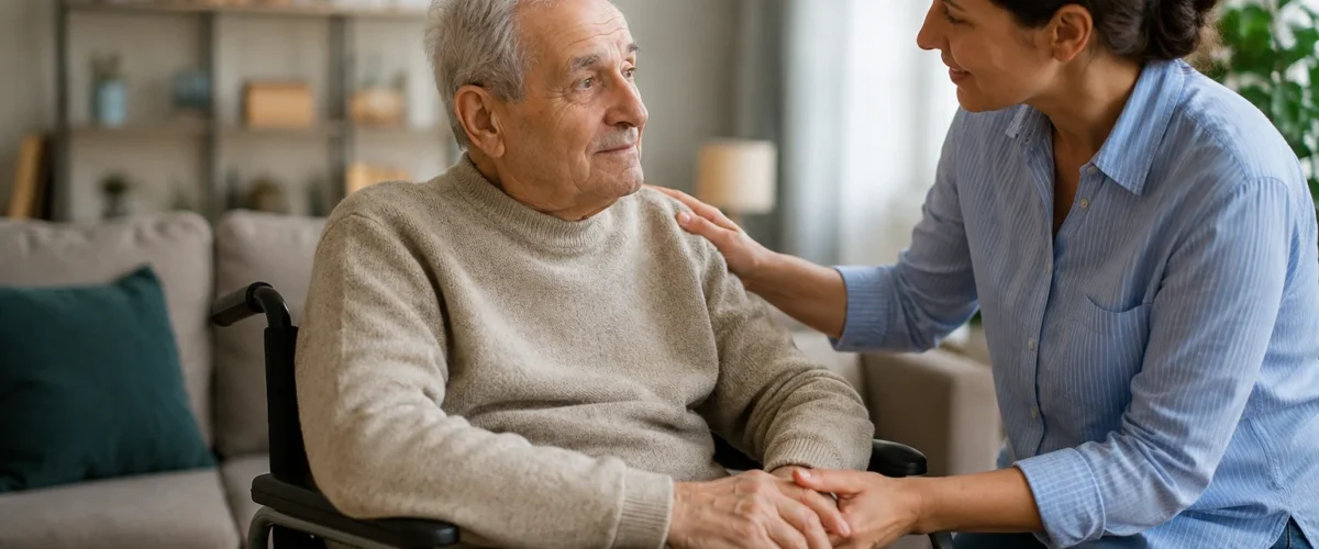 Anziani non autosufficienti assistiti in un ambiente domestico accogliente, con una caregiver che offre supporto e conforto a un uomo anziano in sedia a rotelle, rappresentando la cura familiare e l’assistenza agli anziani nel 2026.