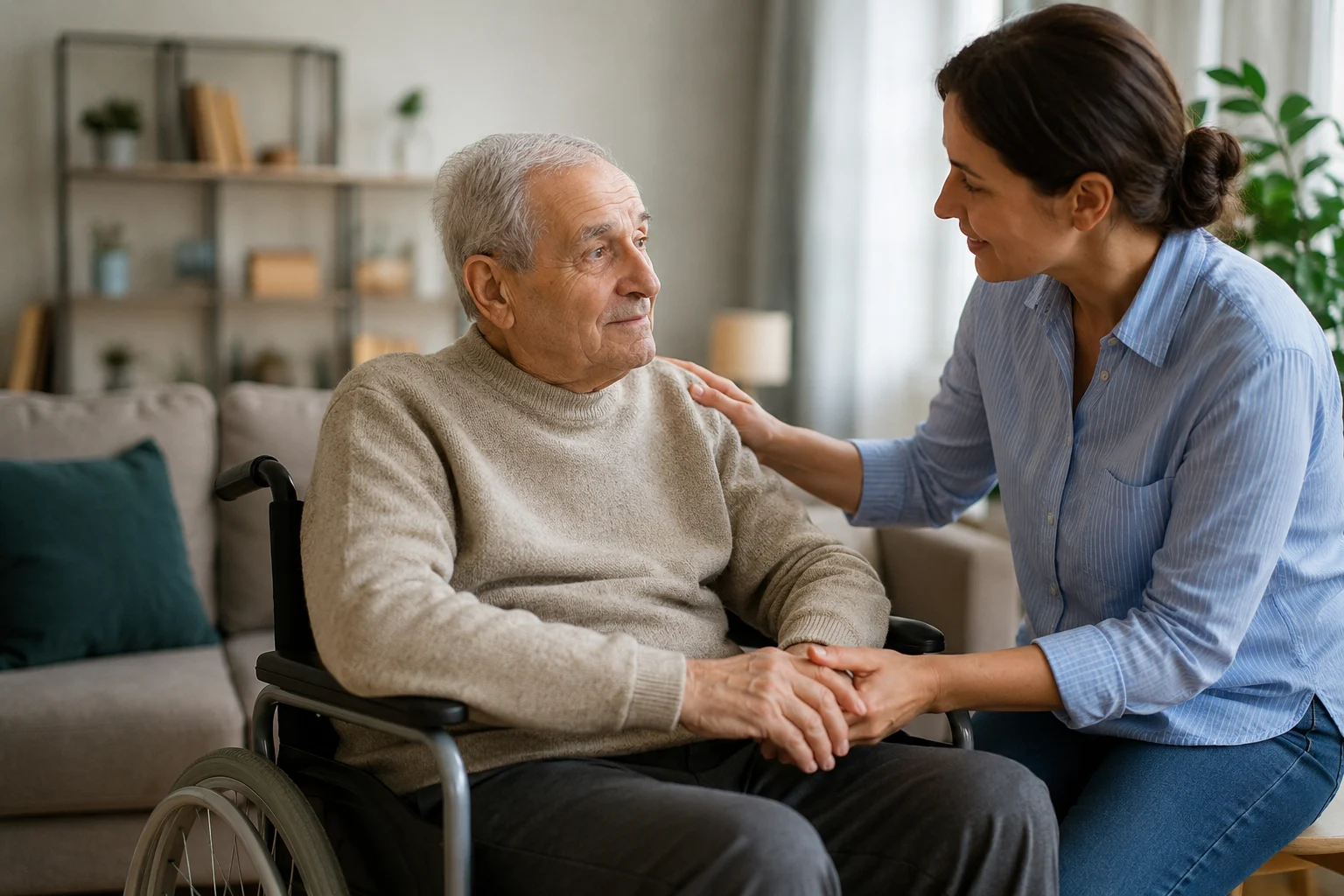 Anziani non autosufficienti assistiti in un ambiente domestico accogliente, con una caregiver che offre supporto e conforto a un uomo anziano in sedia a rotelle, rappresentando la cura familiare e l’assistenza agli anziani nel 2026.