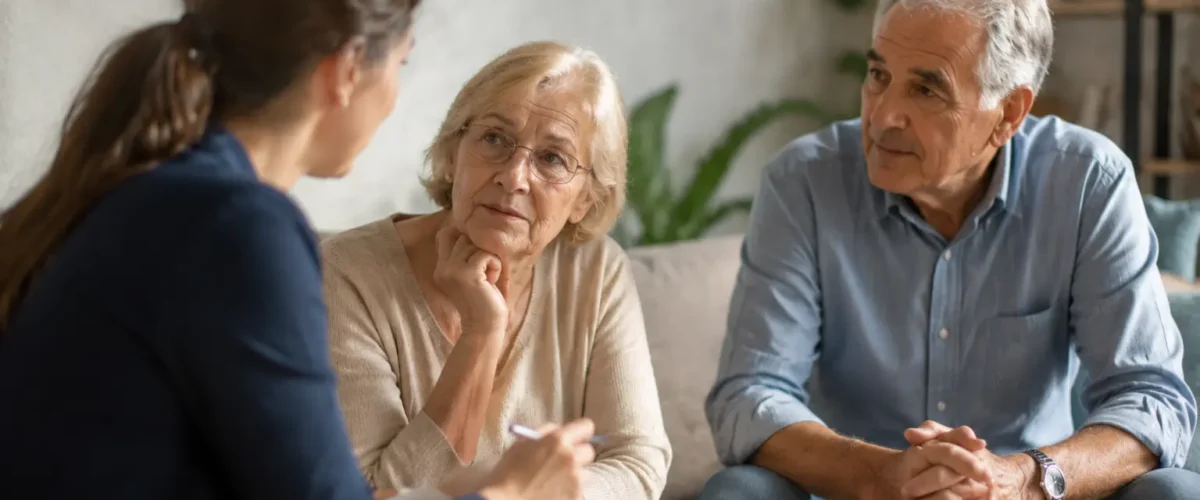 Familiari che discutono con un consulente specializzato per valutare una struttura assistenziale adatta a una persona con demenza o Alzheimer, in un ambiente accogliente e professionale.
