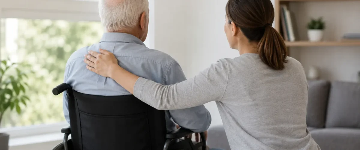 Anziana persona in sedia a rotelle assistita con cura da un familiare in un ambiente domestico luminoso e accogliente, rappresentando il supporto e l'assistenza legati all'indennità di accompagnamento per persone non autosufficienti in Italia.
