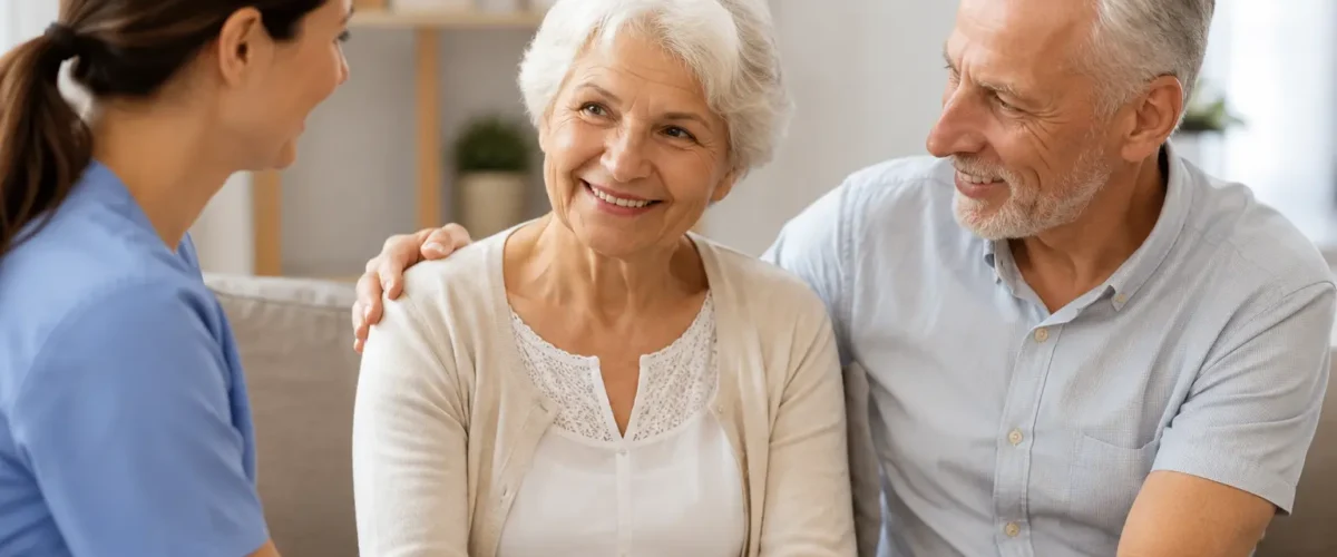 Anziani con caregiver professionale in una struttura RSA, casa di riposo o residenza protetta, durante un momento di assistenza e supporto familiare in un ambiente accogliente.