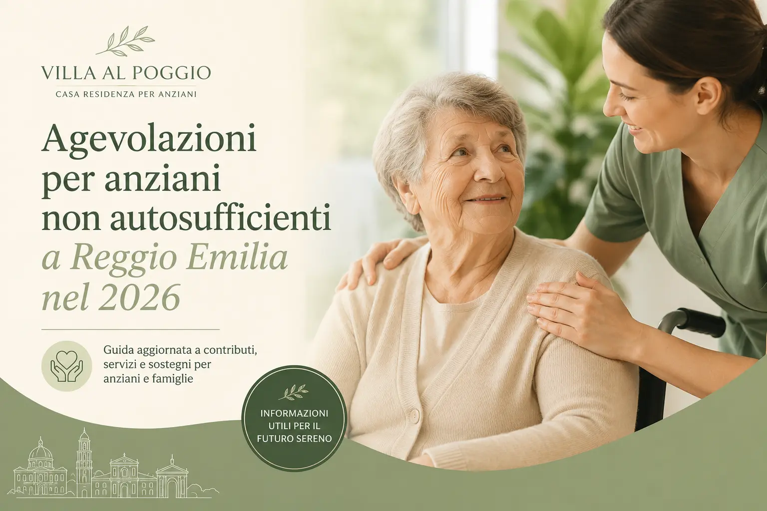 Operatrice sociosanitaria che parla con un'anziana sorridente in una casa di riposo a Reggio Emilia, rappresentando l'assistenza e le agevolazioni disponibili per gli anziani non autosufficienti nel 2026.