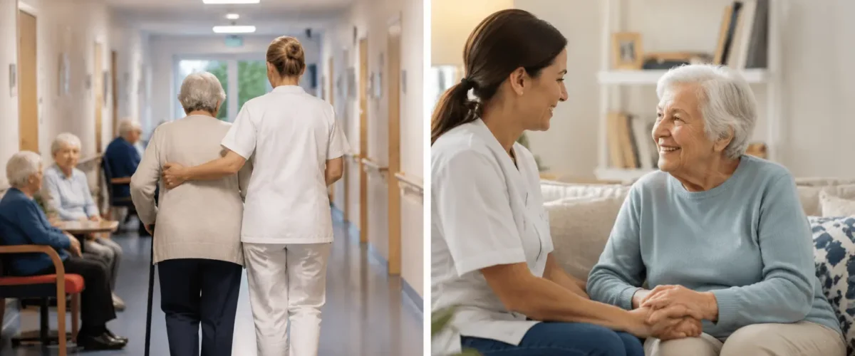 Split-screen image comparing elderly care options: on the left, a caregiver assists an older woman walking through a residential care home corridor; on the right, a home care worker sits with an older woman in her living room, holding her hands.