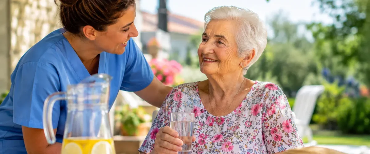 Operatrice assistenziale che offre un bicchiere d'acqua a un'anziana seduta all'ombra in un giardino durante una calda giornata estiva, per favorire idratazione e benessere.