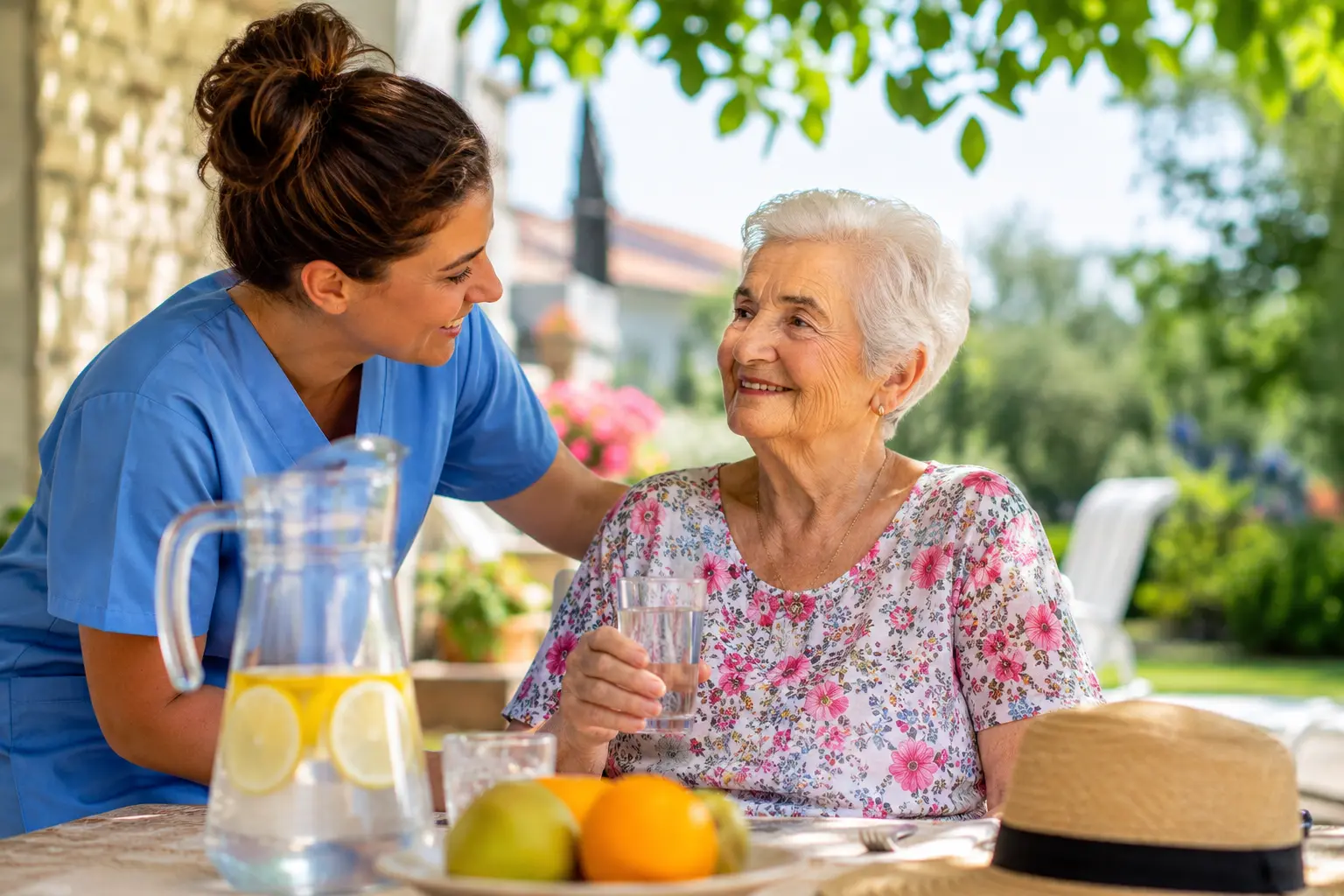 Operatrice assistenziale che offre un bicchiere d'acqua a un'anziana seduta all'ombra in un giardino durante una calda giornata estiva, per favorire idratazione e benessere.