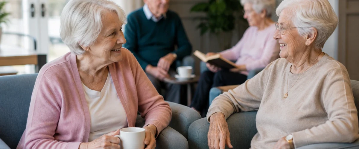 Due anziane sorridono e conversano in un'accogliente sala comune di una casa di riposo, mentre altri ospiti si rilassano sullo sfondo in un ambiente luminoso e familiare.