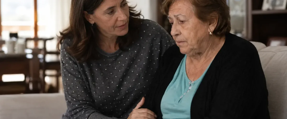 Una figlia parla con la madre anziana della possibilità di trasferirsi in una casa di riposo, offrendole sostegno e ascolto in un momento delicato.