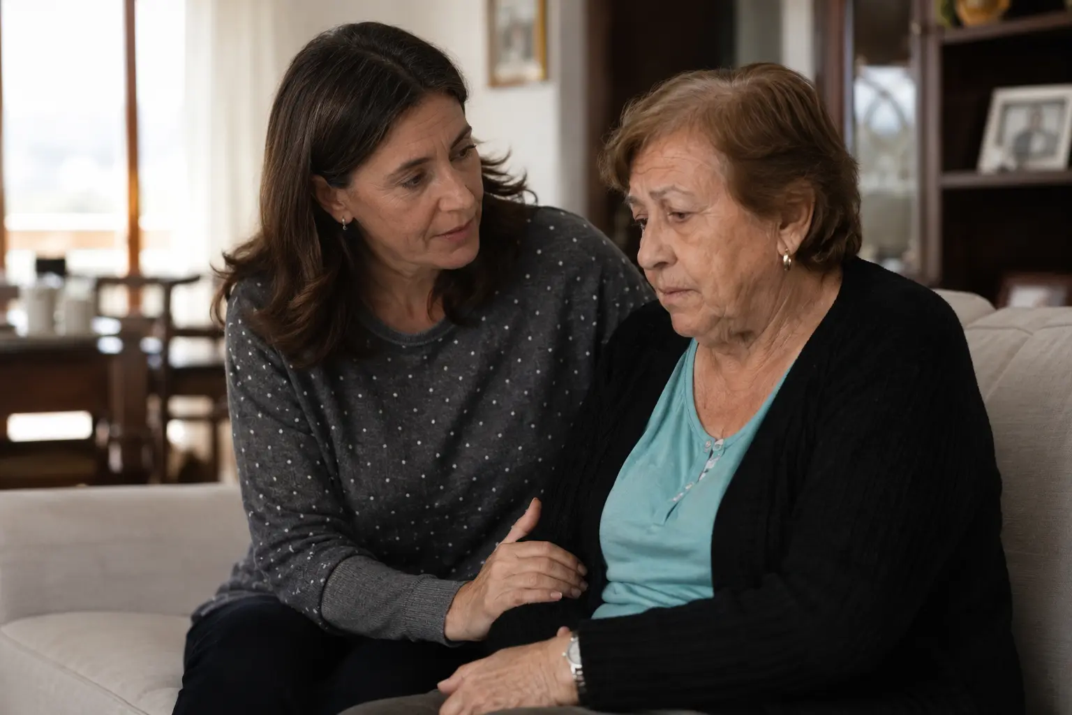 Una figlia parla con la madre anziana della possibilità di trasferirsi in una casa di riposo, offrendole sostegno e ascolto in un momento delicato.