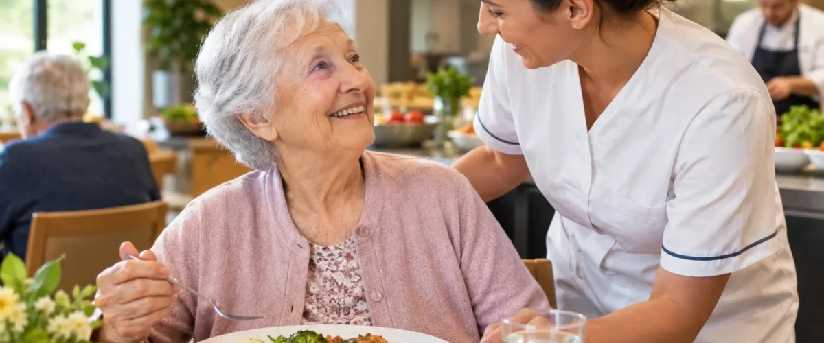Anziana che consuma un pasto nutriente in una struttura per anziani, assistita da un’operatrice in un ambiente luminoso e accogliente.